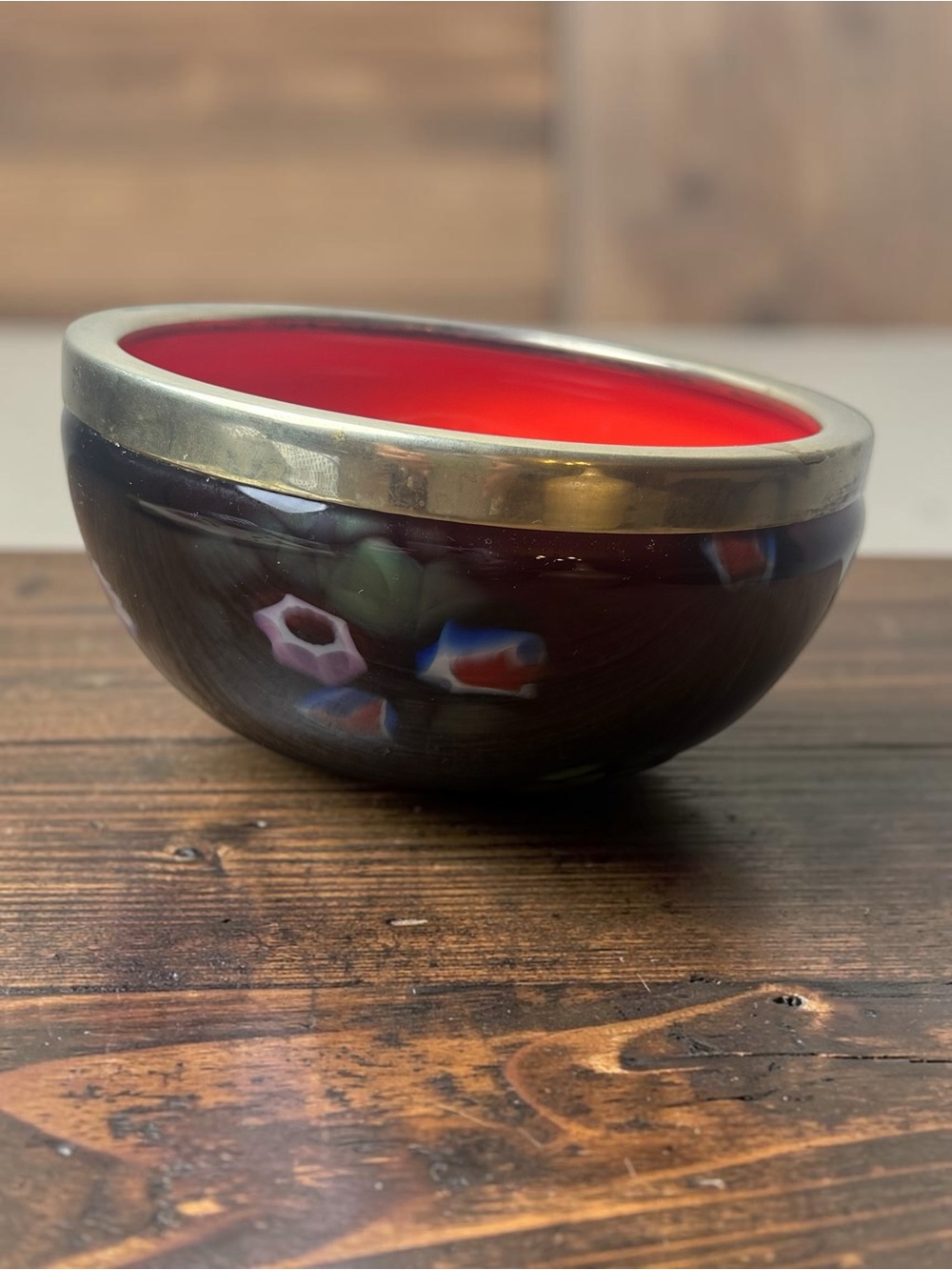 Vintage Millefiori Art Glass Bowl Red Interior Brass Rim